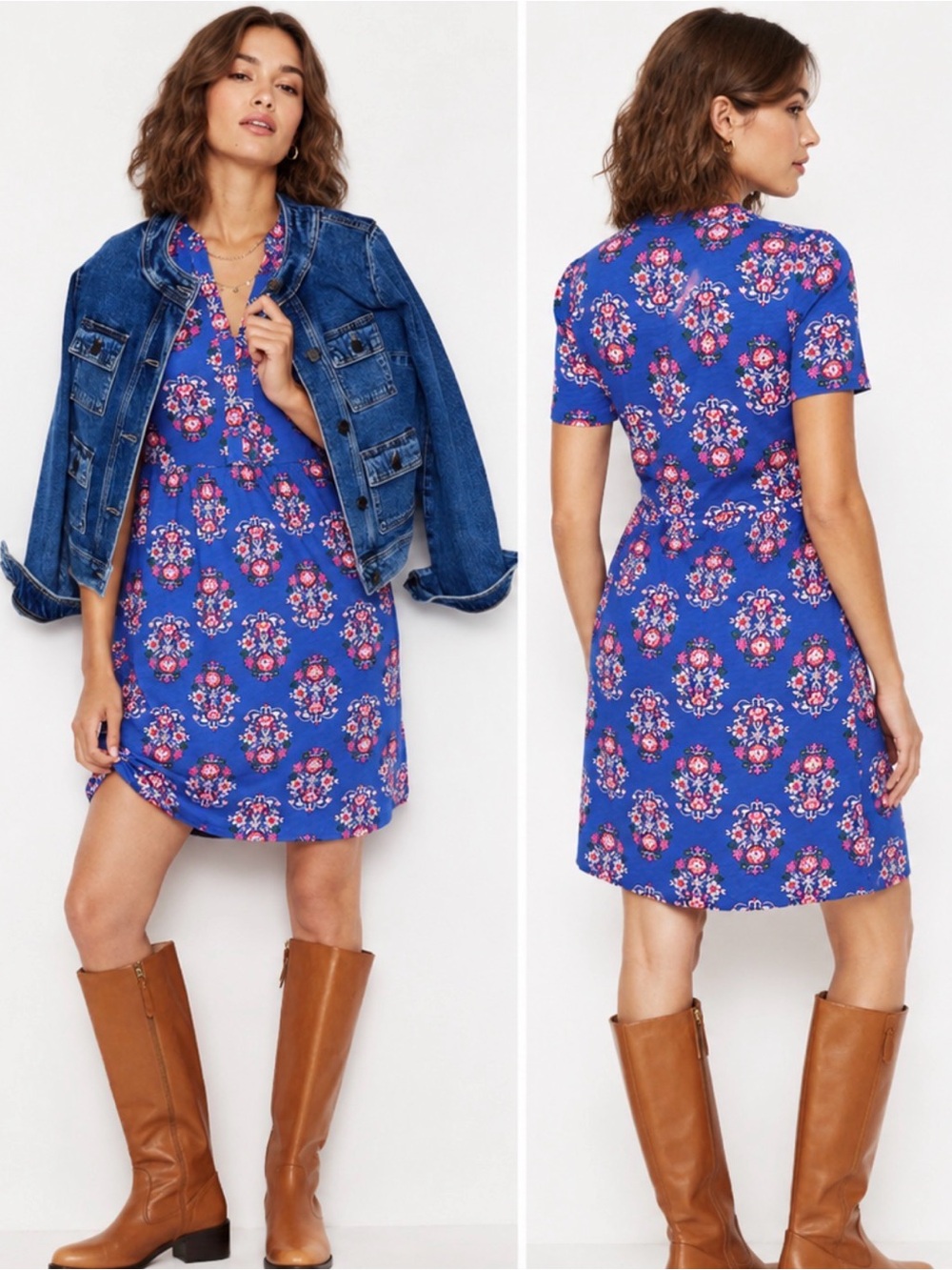 BODEN - New women’s Naomi blue pink floral print short sleeves Midi dress SZ 10L